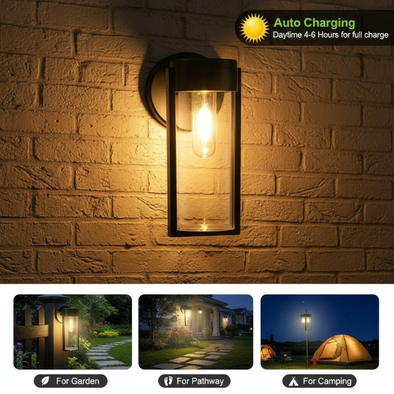 4pcs Outdoor LED Filament Wall Lights with Upgraded High-Efficiency Solar Panel, IP44, 10-12H Runtime, Auto On/Off, Plug-and-Play Installation, Low Voltage, for garden, Patio, Deck, Driveway, Porch (No Wiring Required
