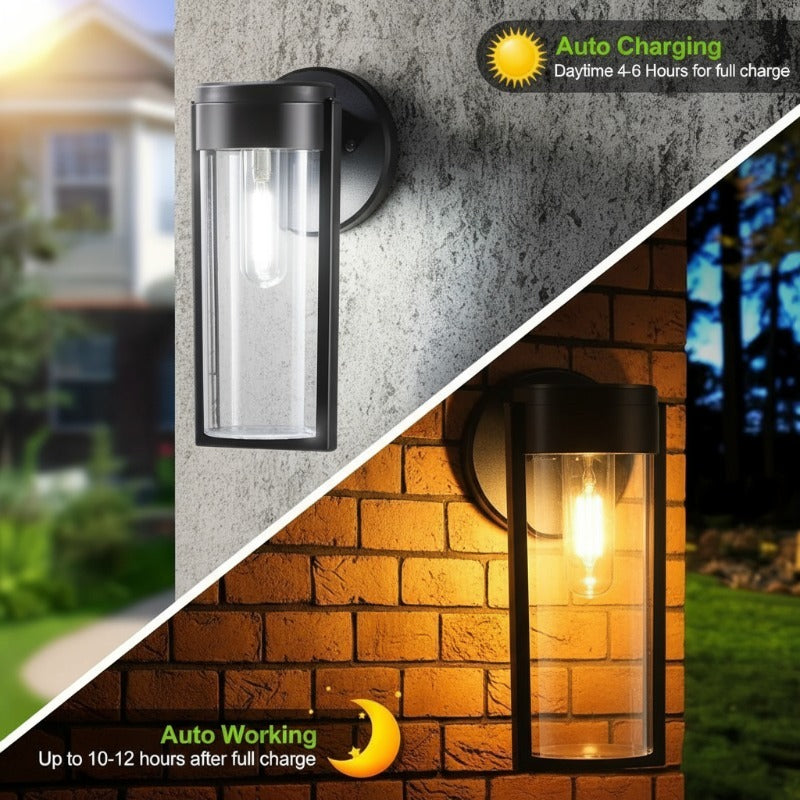 4pcs Outdoor LED Filament Wall Lights with Upgraded High-Efficiency Solar Panel, IP44, 10-12H Runtime, Auto On/Off, Plug-and-Play Installation, Low Voltage, for garden, Patio, Deck, Driveway, Porch (No Wiring Required