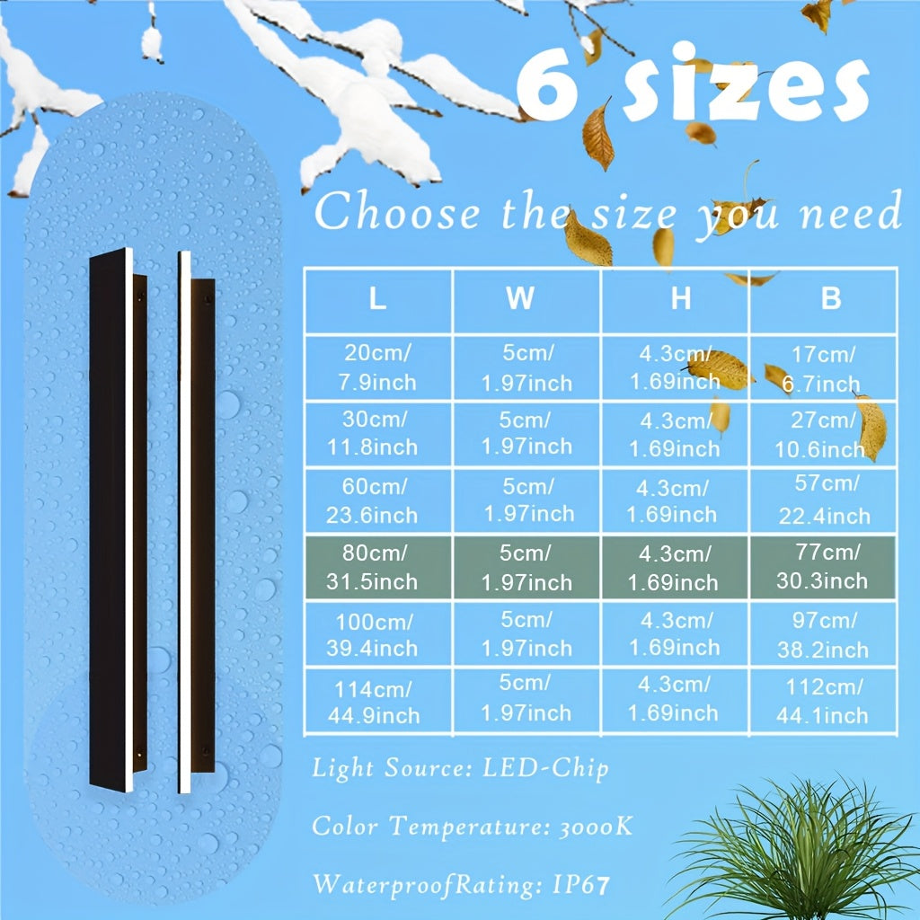 Modern LED Outdoor Wall Light, Black Long Strip Exterior Wall Light, IP67 Waterproof Lamp, 3000K Warm Light, Suitable for Porch Garden Courtyard