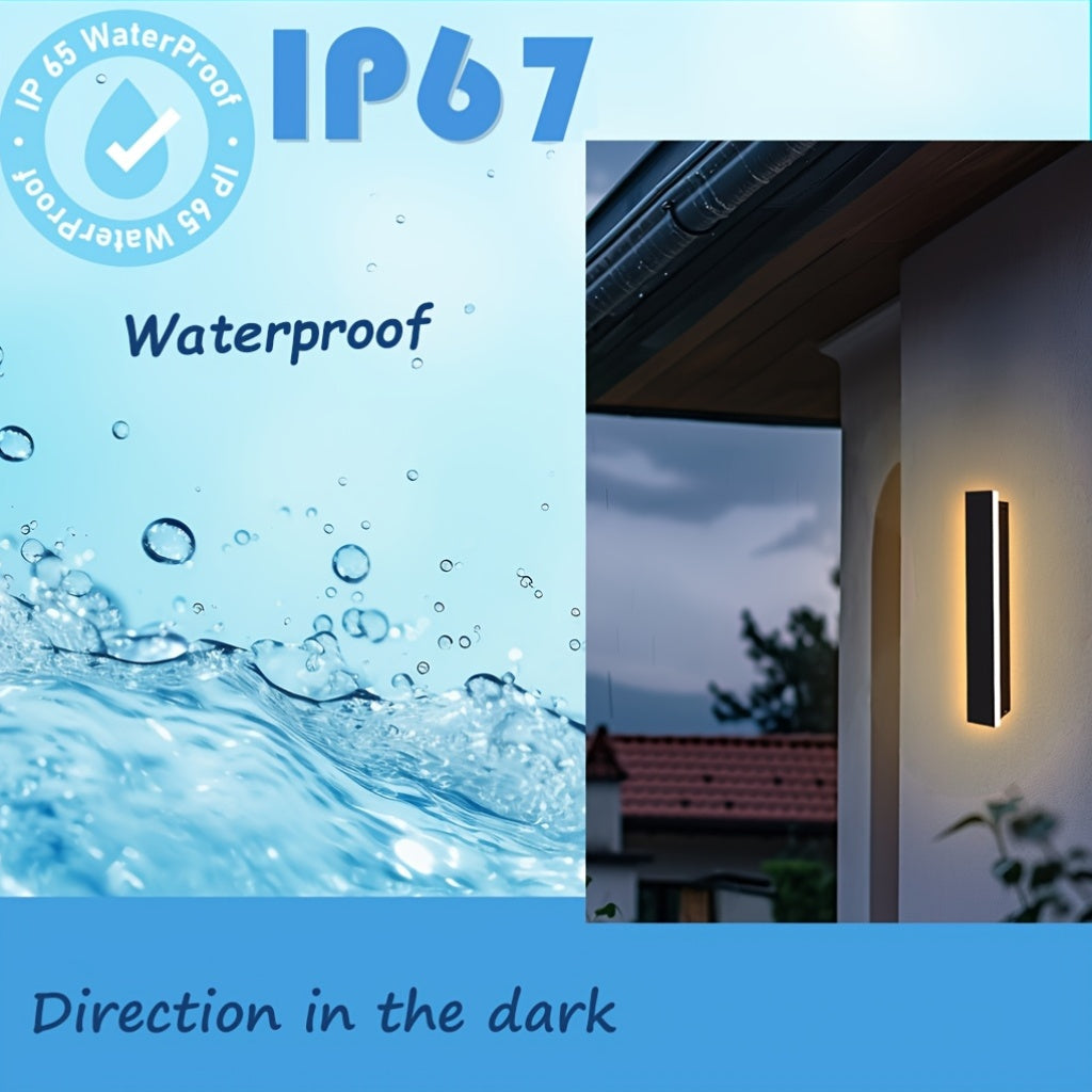Modern LED Outdoor Wall Light, Black Long Strip Exterior Wall Light, IP67 Waterproof Lamp, 3000K Warm Light, Suitable for Porch Garden Courtyard