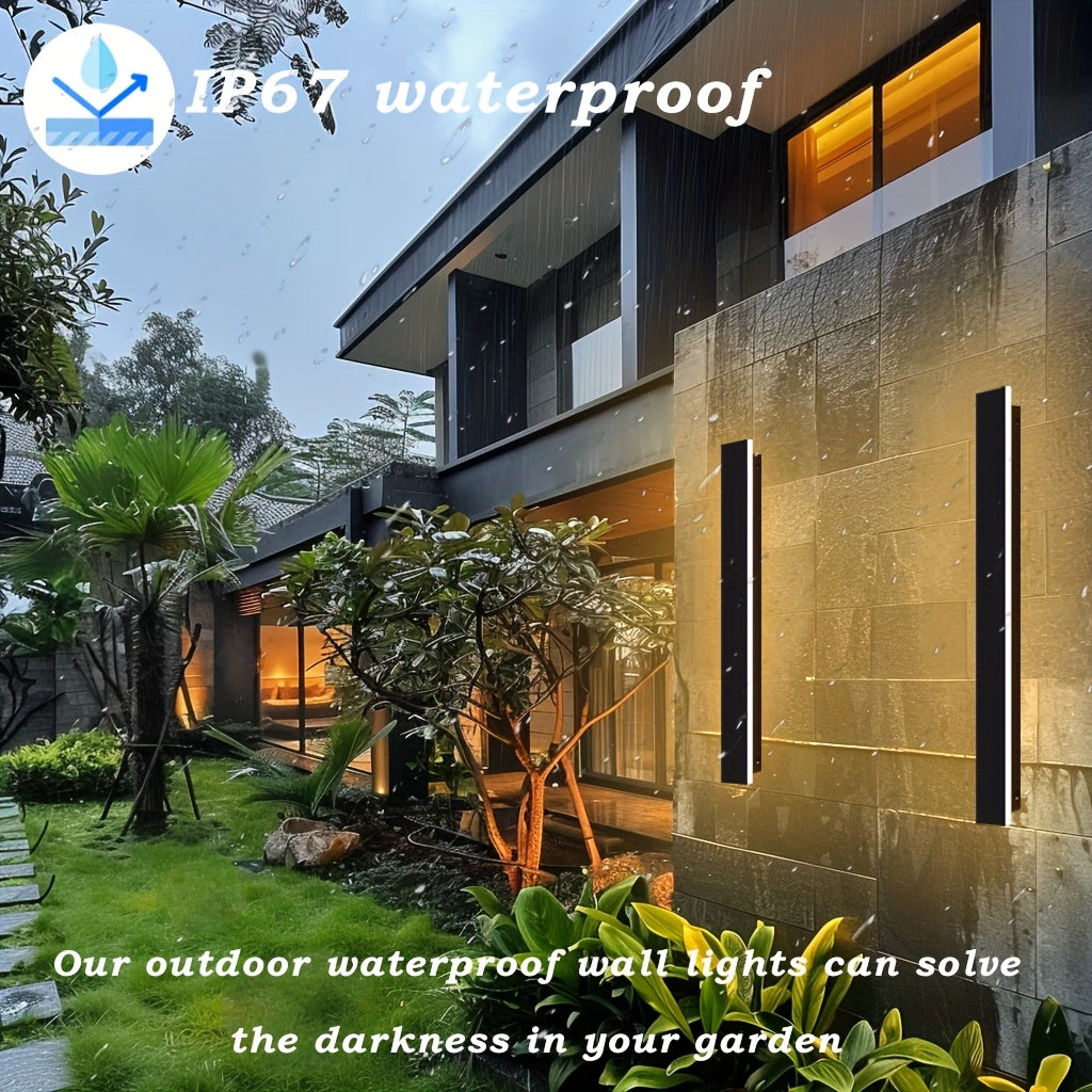 Modern LED Outdoor Wall Light, Black Long Strip Exterior Wall Light, IP67 Waterproof Lamp, 3000K Warm Light, Suitable for Porch Garden Courtyard