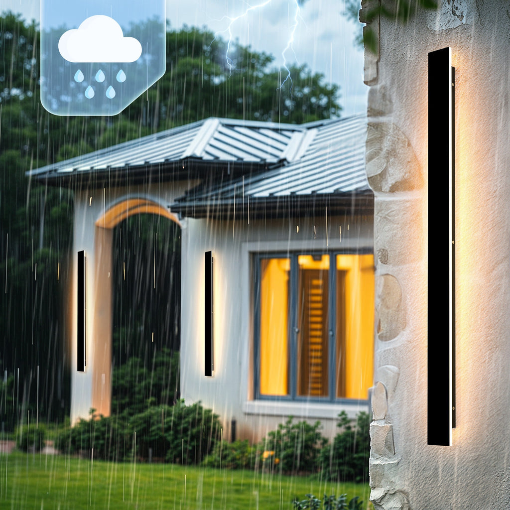 Modern LED Outdoor Wall Light, Black Long Strip Exterior Wall Light, IP67 Waterproof Lamp, 3000K Warm Light, Suitable for Porch Garden Courtyard