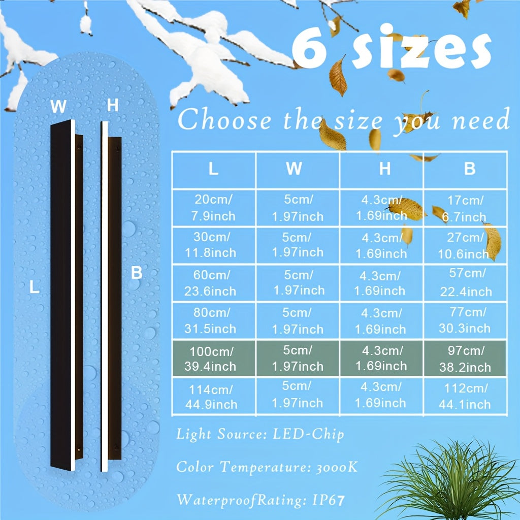 Modern LED Outdoor Wall Light, Black Long Strip Exterior Wall Light, IP67 Waterproof Lamp, 3000K Warm Light, Suitable for Porch Garden Courtyard