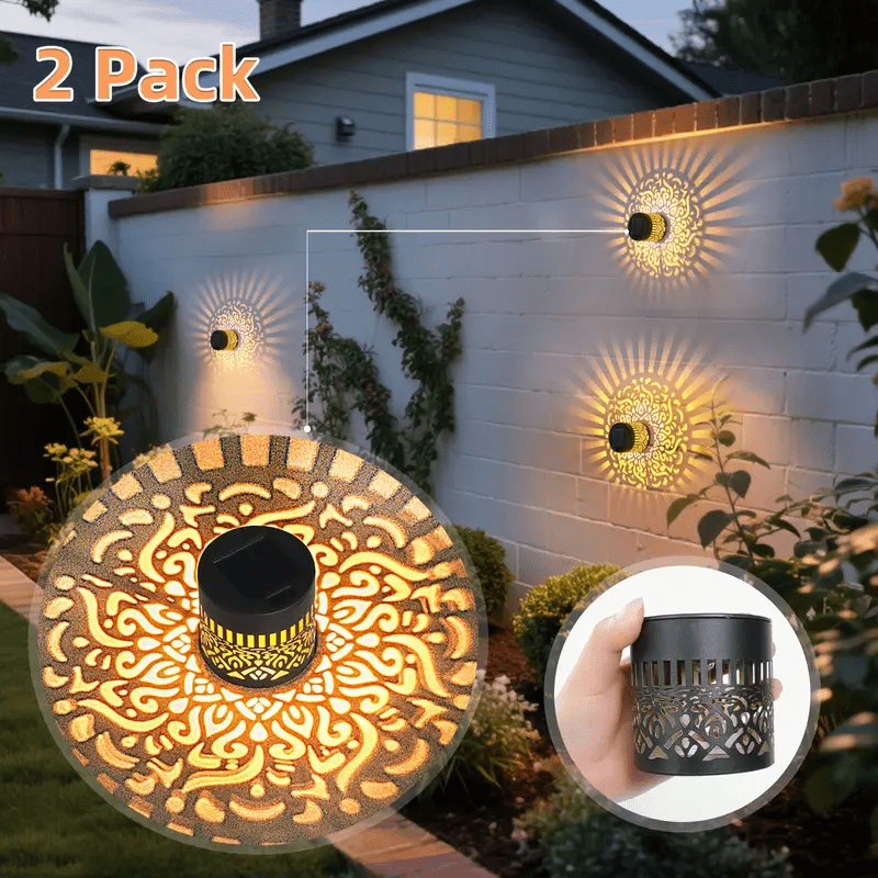 2-Pack Solar-Powered Outdoor Wall Lights with Hollow Design - LED Solar Lights for Garden, Patio, and Step Lighting, Battery-Free, Easy Installation, Perfect For Christmas And Halloween Decorations, Garden Lighting | Modern O