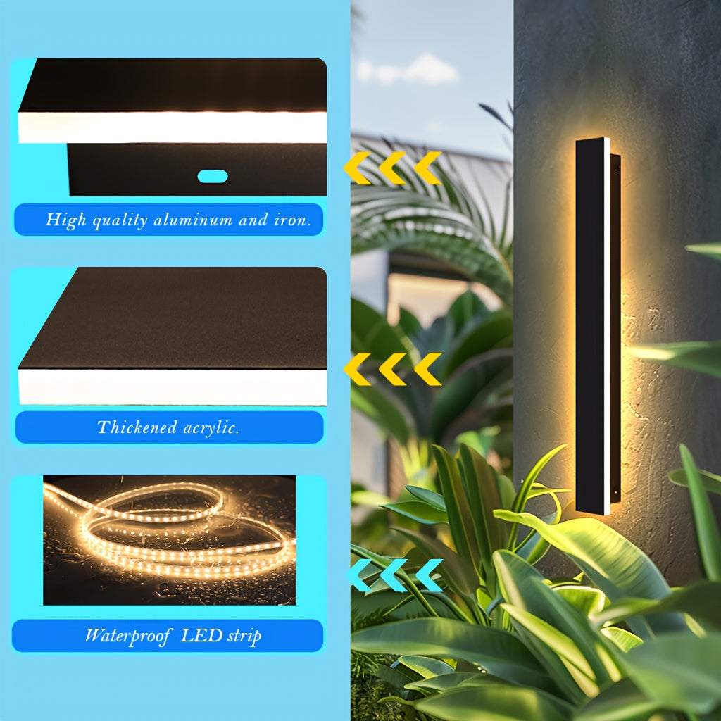 Modern LED Outdoor Wall Light, Black Long Strip Exterior Wall Light, IP67 Waterproof Lamp, 3000K Warm Light, Suitable for Porch Garden Courtyard