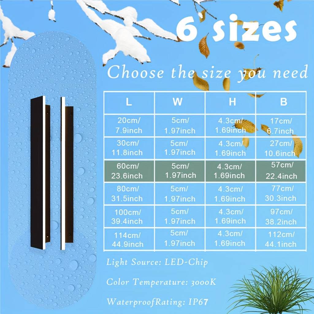 Modern LED Outdoor Wall Light, Black Long Strip Exterior Wall Light, IP67 Waterproof Lamp, 3000K Warm Light, Suitable for Porch Garden Courtyard