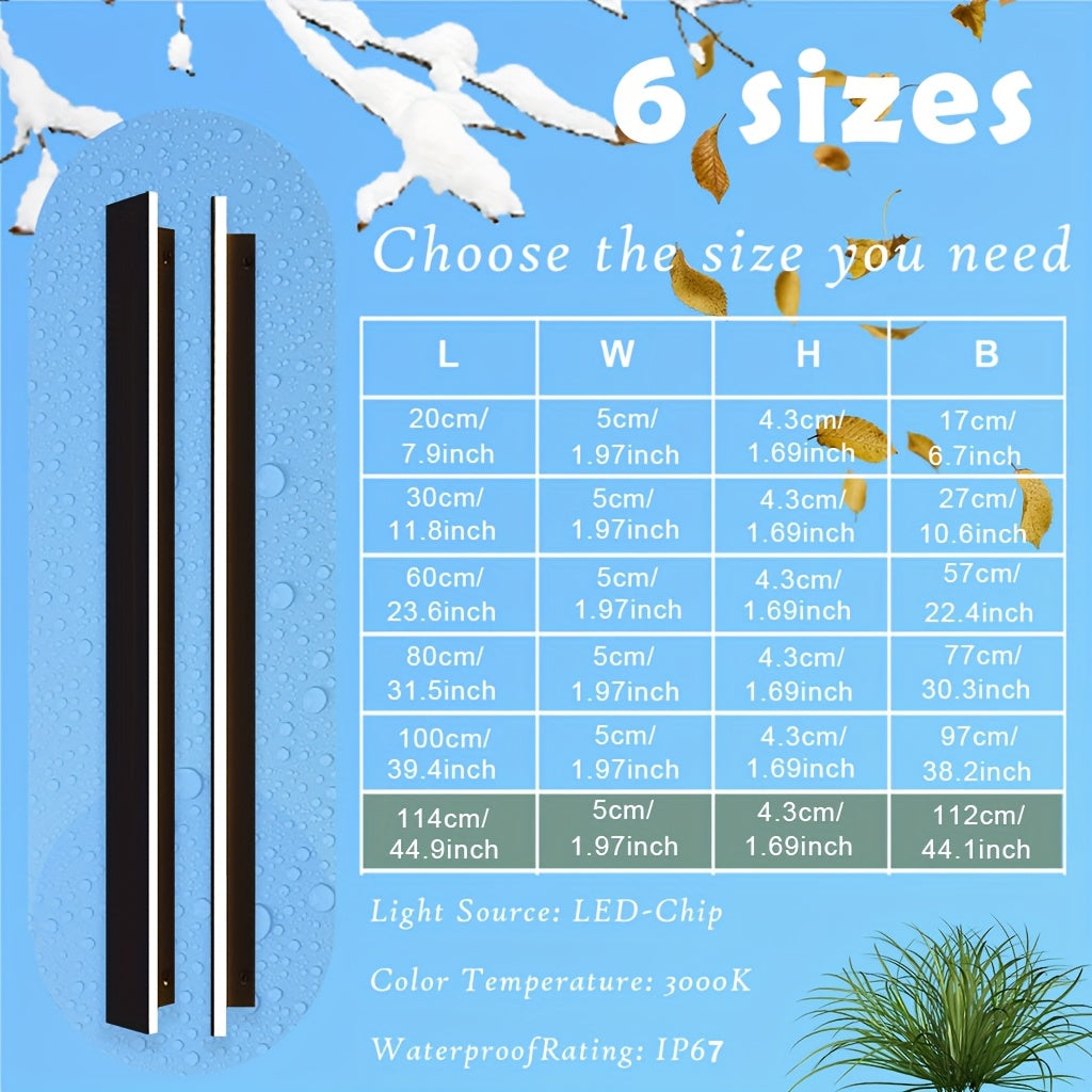 Modern LED Outdoor Wall Light, Black Long Strip Exterior Wall Light, IP67 Waterproof Lamp, 3000K Warm Light, Suitable for Porch Garden Courtyard